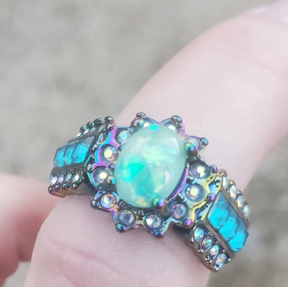 New Blue Fire Opal Rainbow Hematite Ring. - Picture 14 of 16